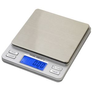 grey digital scale with blue led display