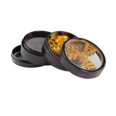 Moară de râșniță din aluminiu cu fereastră, 4 părți, neagră cu auriu